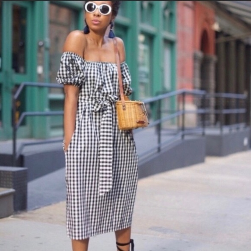 Black & white gingham off the shoulder dress